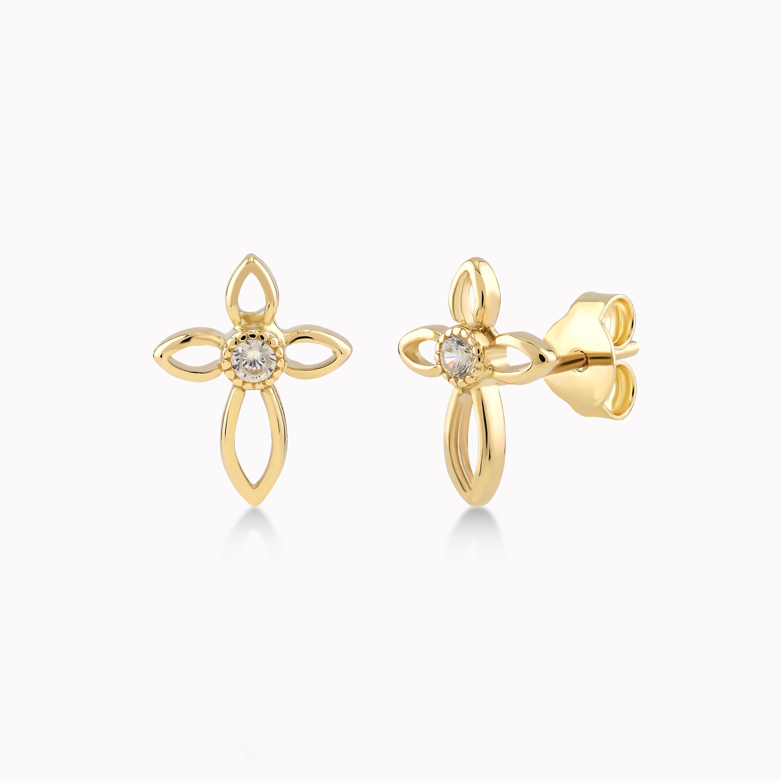 Cercei Aur Galben 14K Cu Zirconiu Alb, Cruce Stilizata 1.19gr