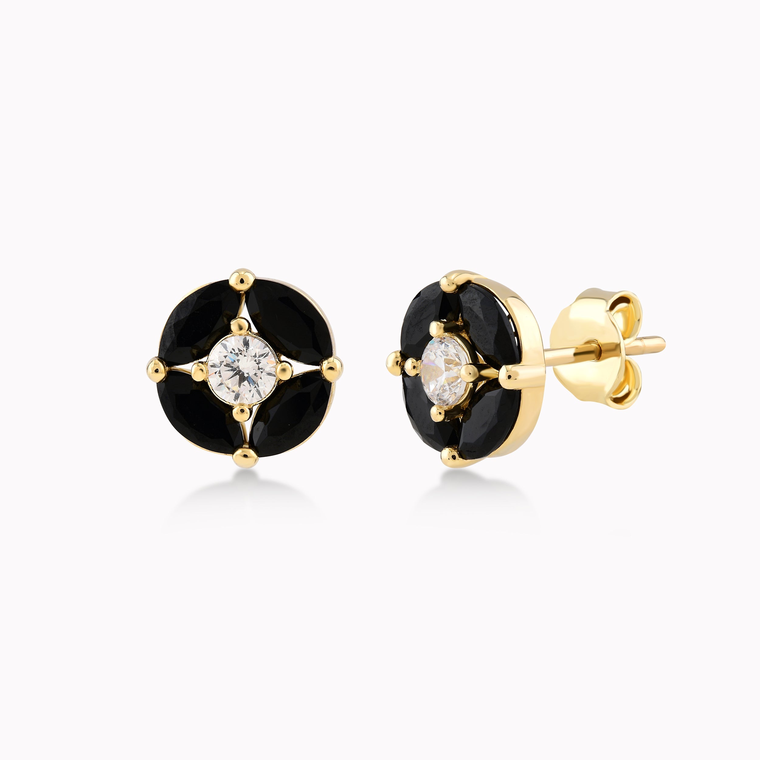 Cercei Aur Galben 14K Cu Zirconiu Negru Si Alb, Floare 1.54gr
