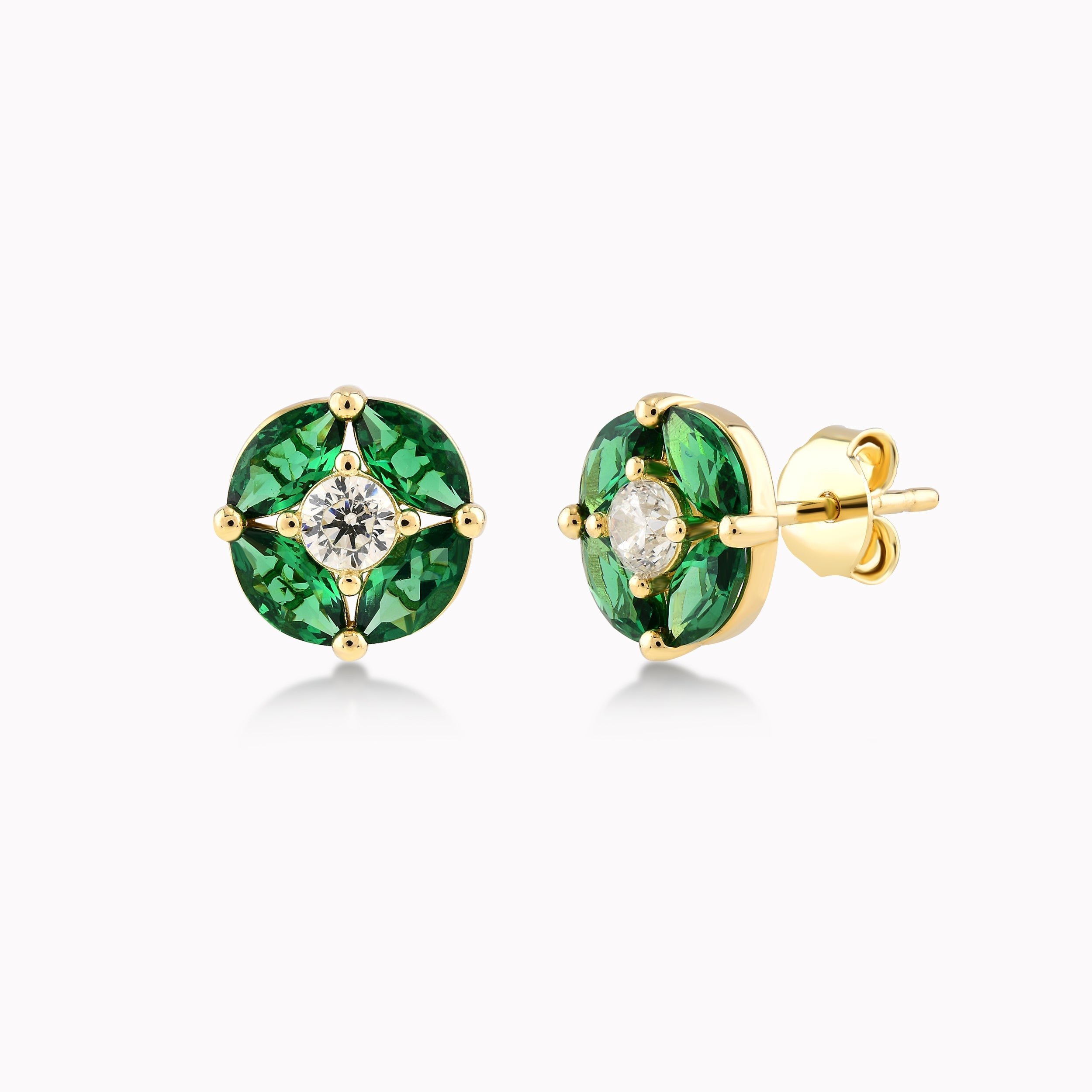 Cercei Aur Galben 14K Cu Zirconiu Verde Si Alb, Floare 1.60gr