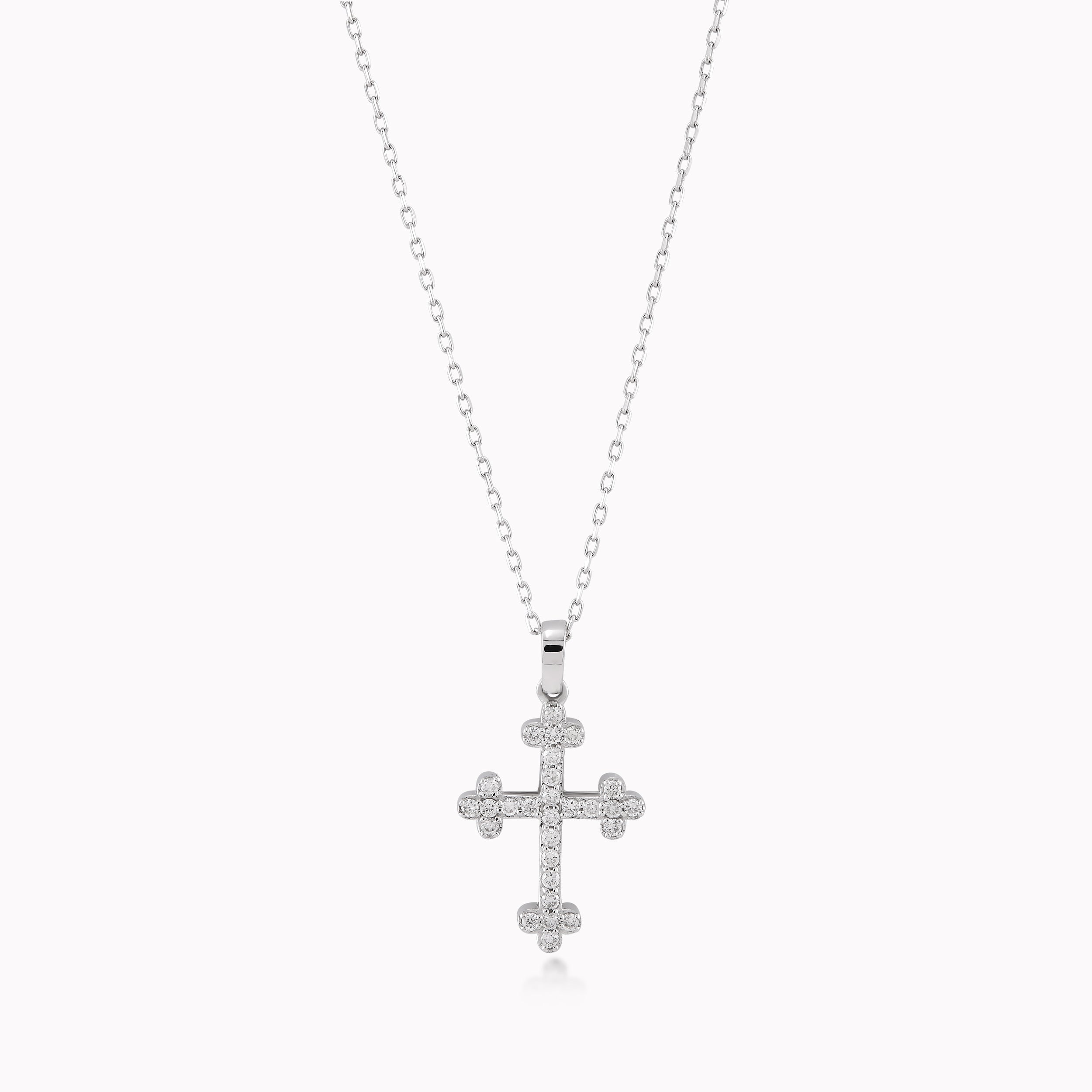 Lant cu Pandantiv Cruce Aur Alb 14K cu Diamante 0.16ct