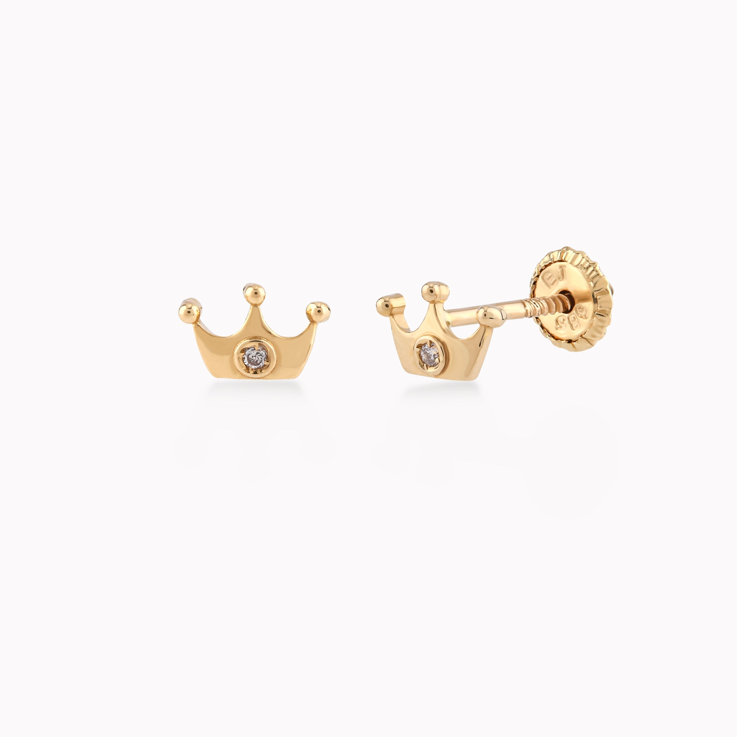 Cercei Aur Galben 14k Cu Diamant, Coroana, Protectie 0.26gr