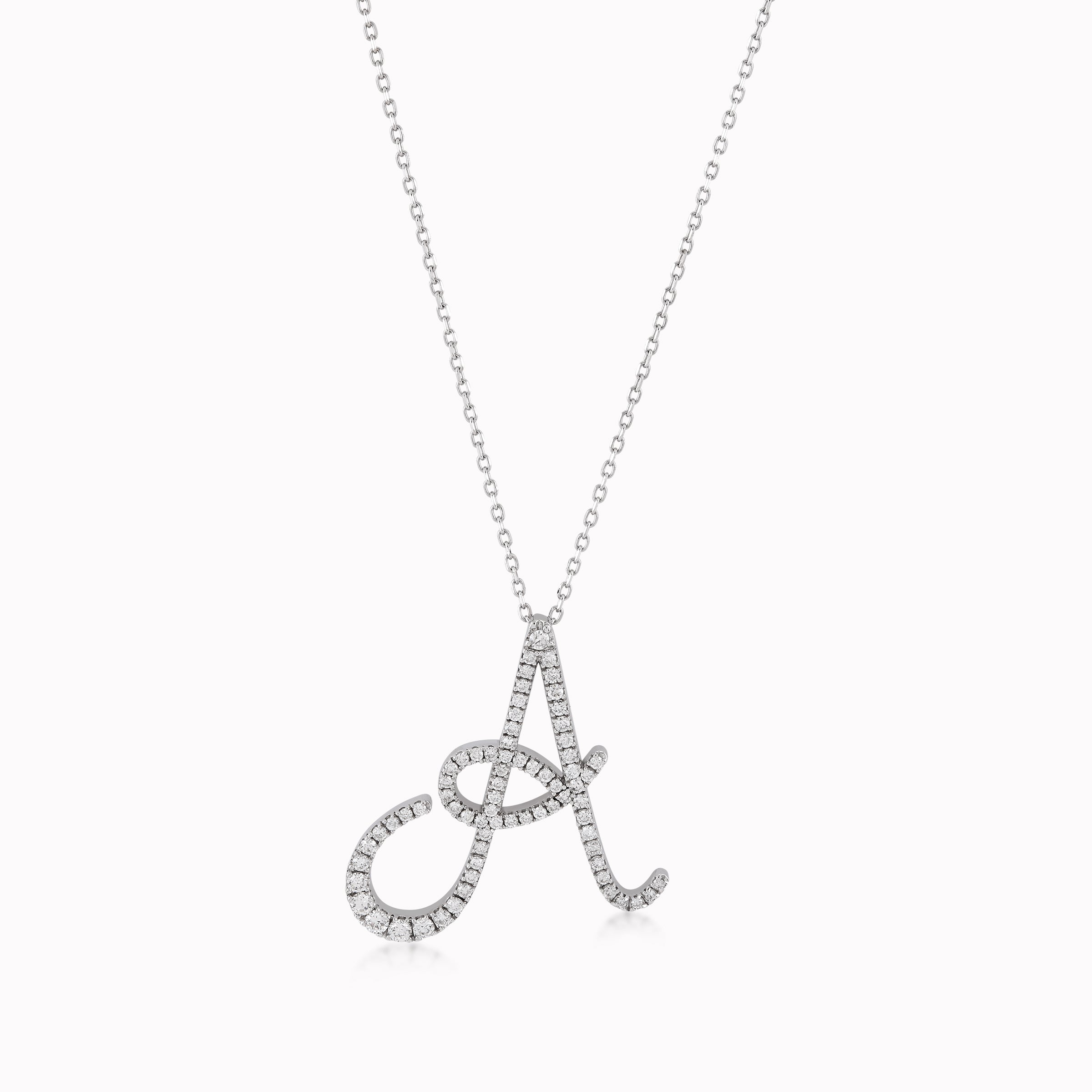 Lant cu Pandantiv Litare A Aur Alb 14K cu Diamante de 0.48ct - Initiala A