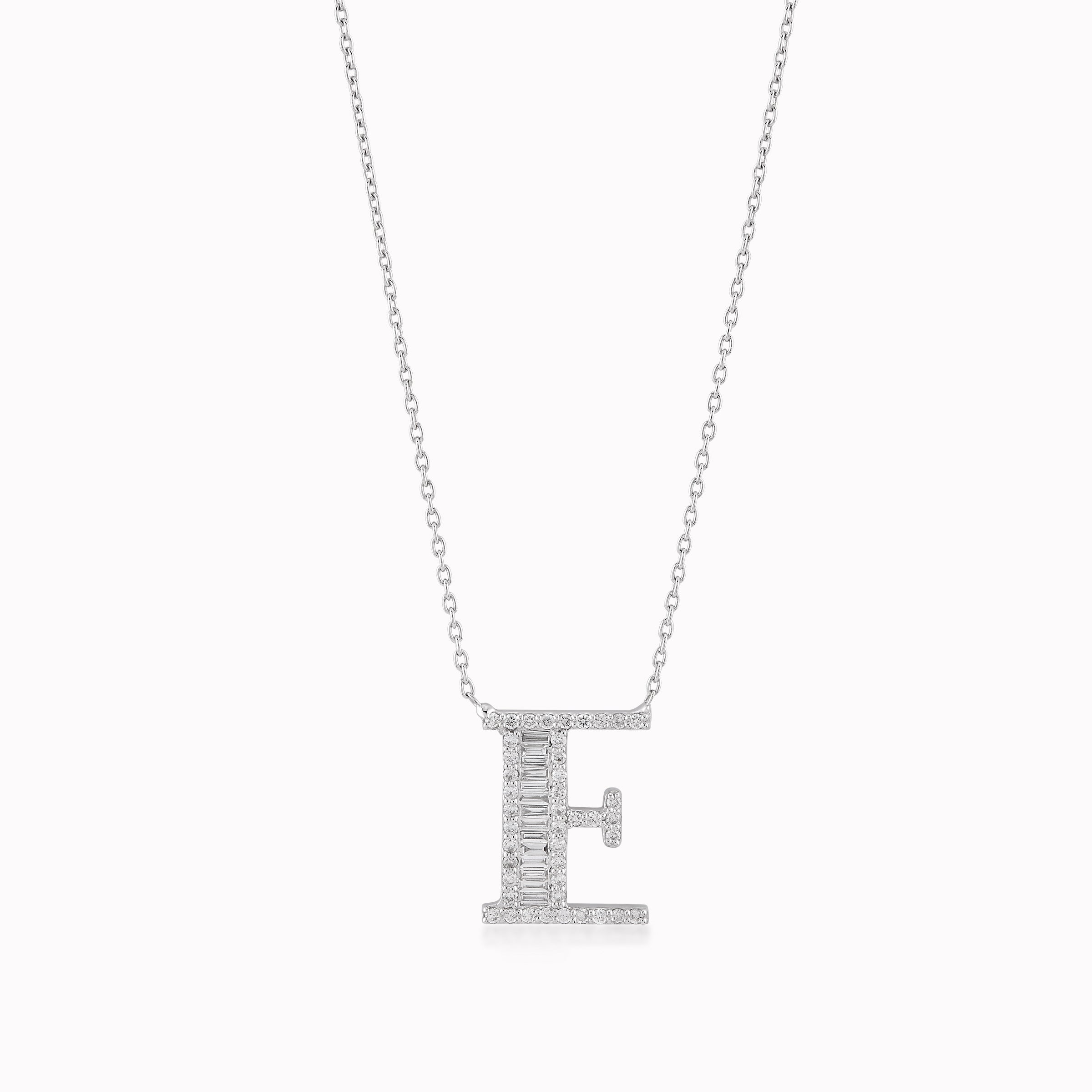 Lant cu Pandantiv Litera E Aur Alb 14K cu Diamante de 0.39ct - Initiala E