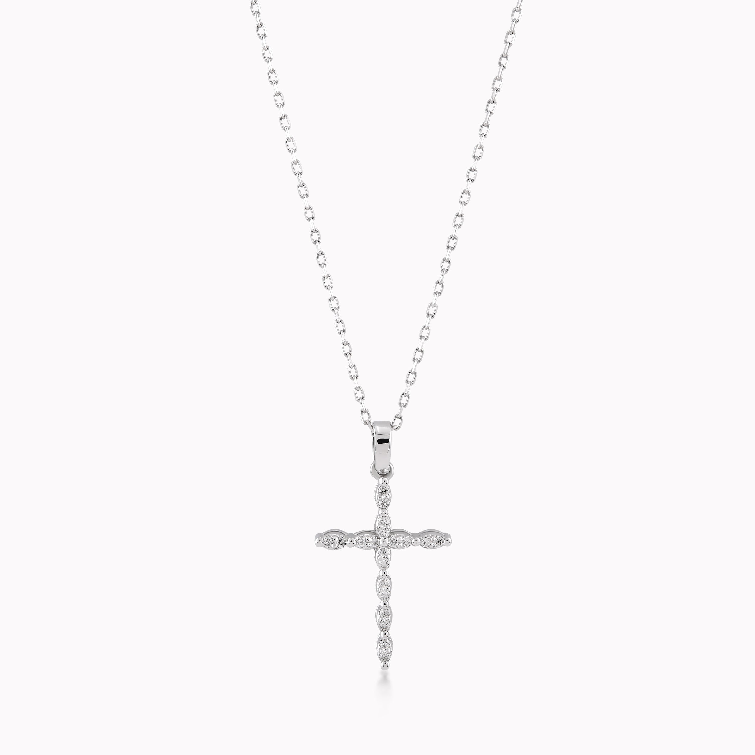 Lant cu Pandantiv Cruce Aur Alb 14K cu Diamante de 0.08ct