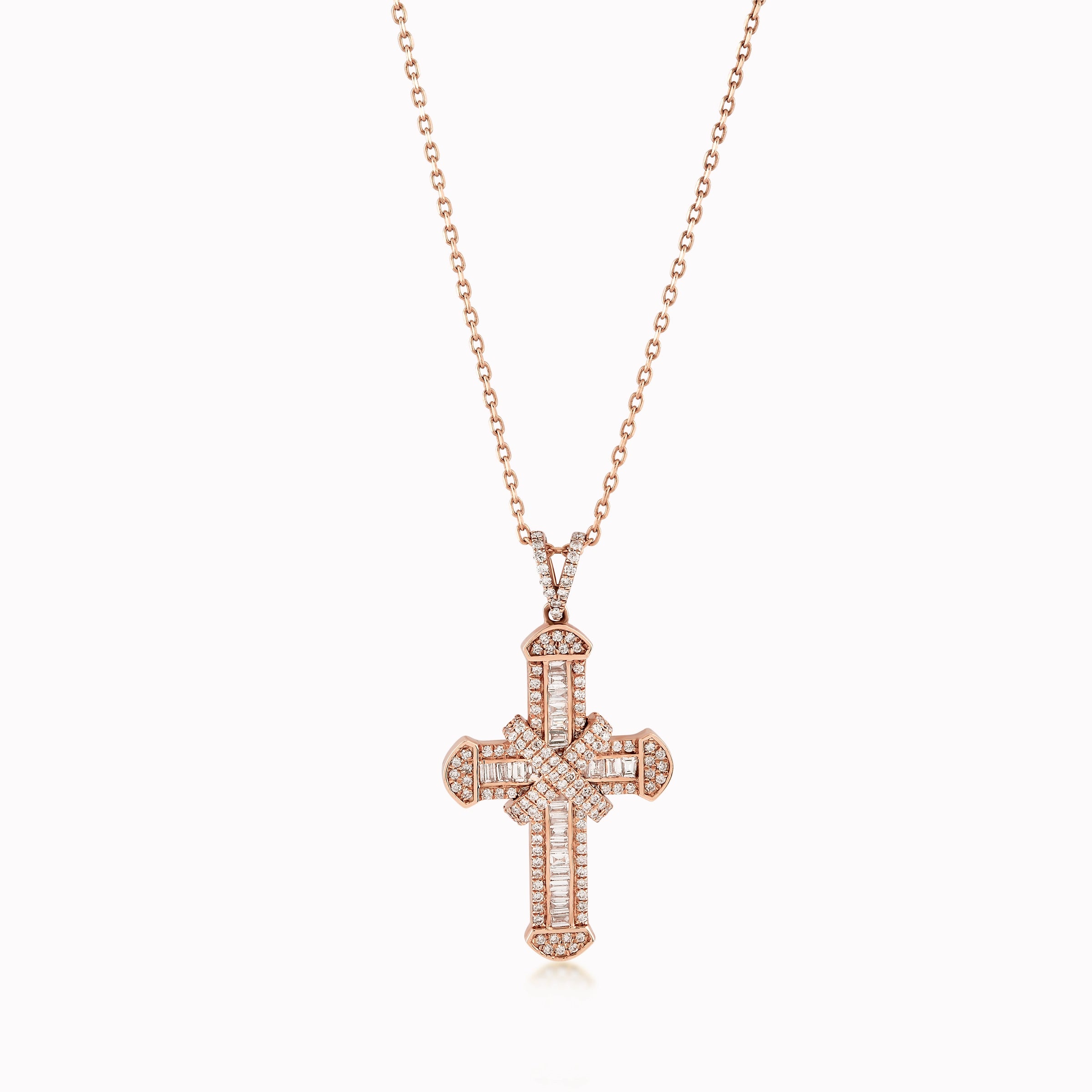 Pandantiv Cruce Aur Roz 14K cu Diamante de 0.89ct