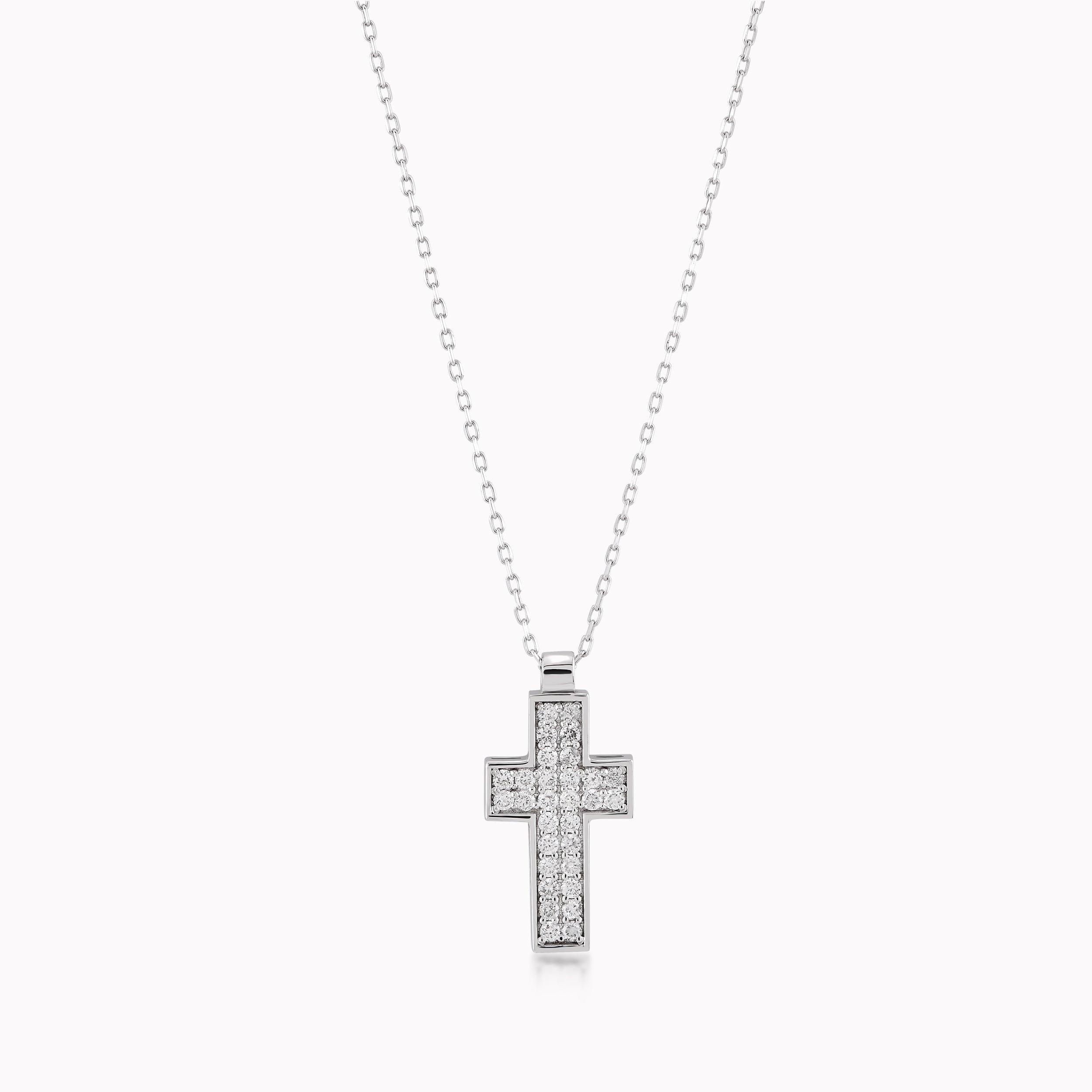Lant cu Pandantiv Cruce Aur Alb 14K cu Diamante de 0.26ct